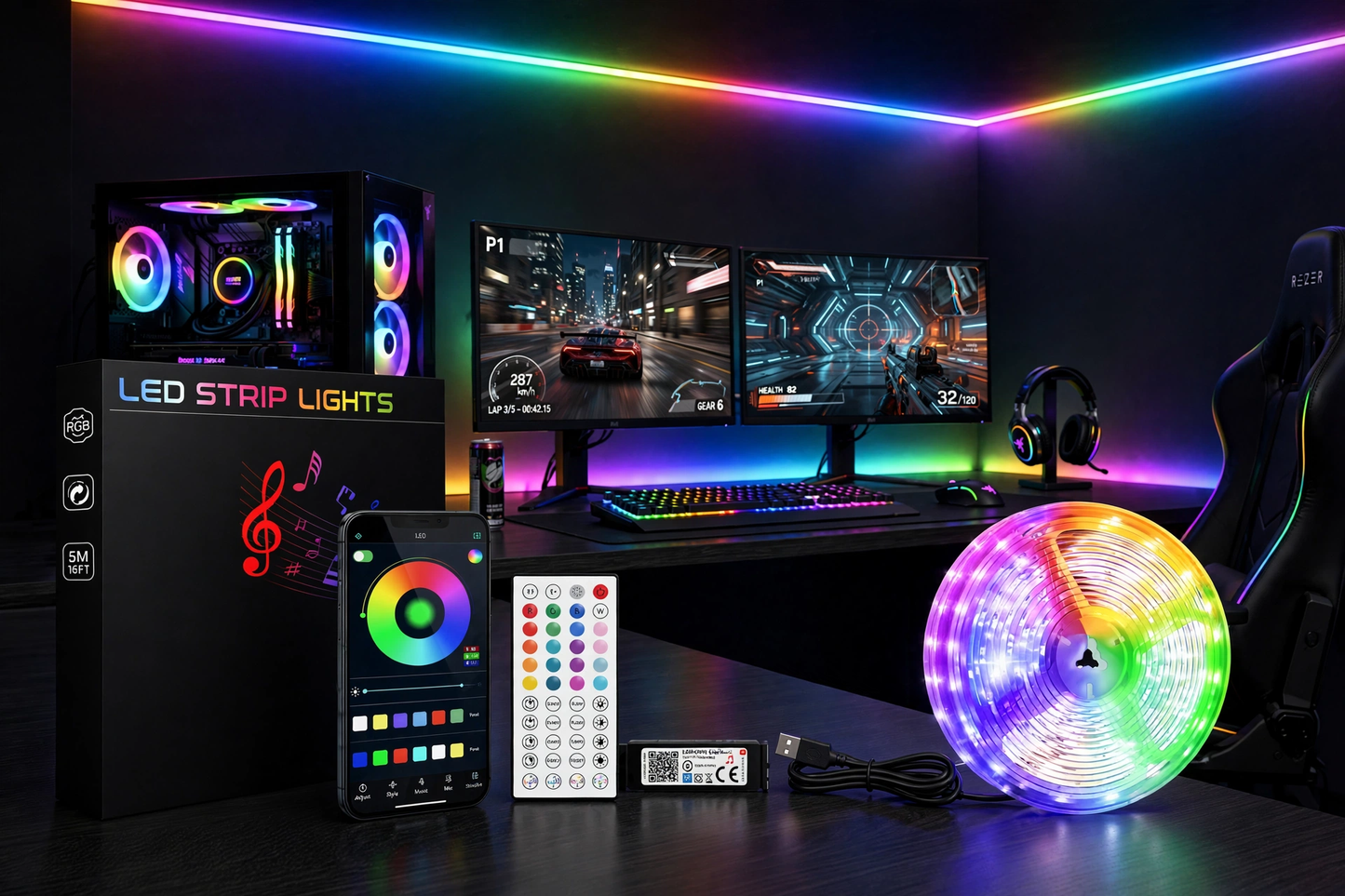 GlowDrive™ RGB Smart LED Strip Kit 5 metres with app control and music sync