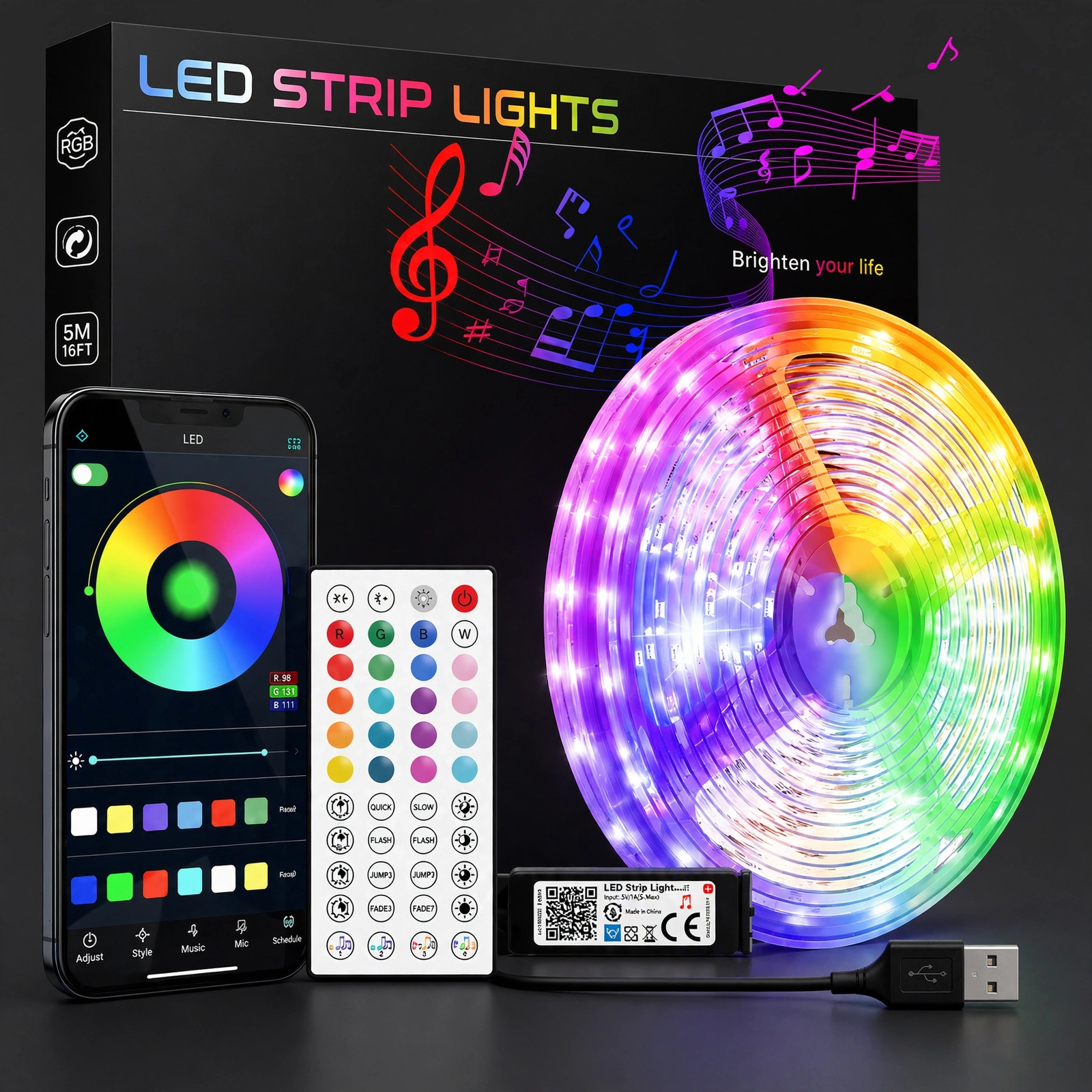 GlowDrive™ RGB Smart LED Strip Kit 5 metres with app control and music sync